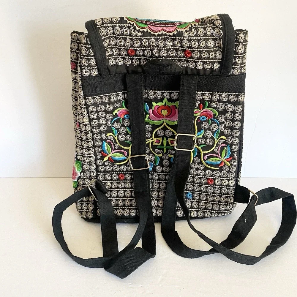 Unbranded Backpack Womens Medium Floral Rose Embroidered‎ Boho Black Excellent
